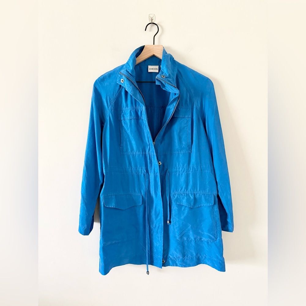 Chico's Silk Lightweight Utility Jacket in Bright Blue Size 0